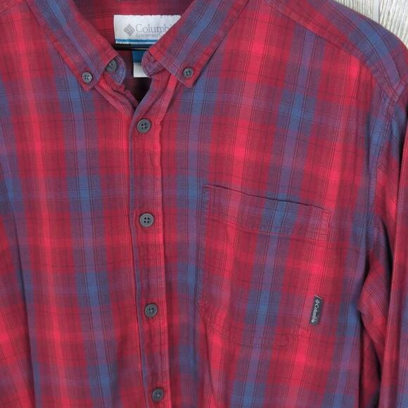 Columbia Mens Large Button Down Flannel Shirt Red Blue Plaid Long Sleeve Pocket - Picture 3 of 5